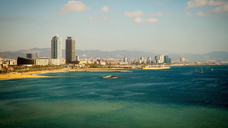 Beaches and skyline of Barcelona, Spain.